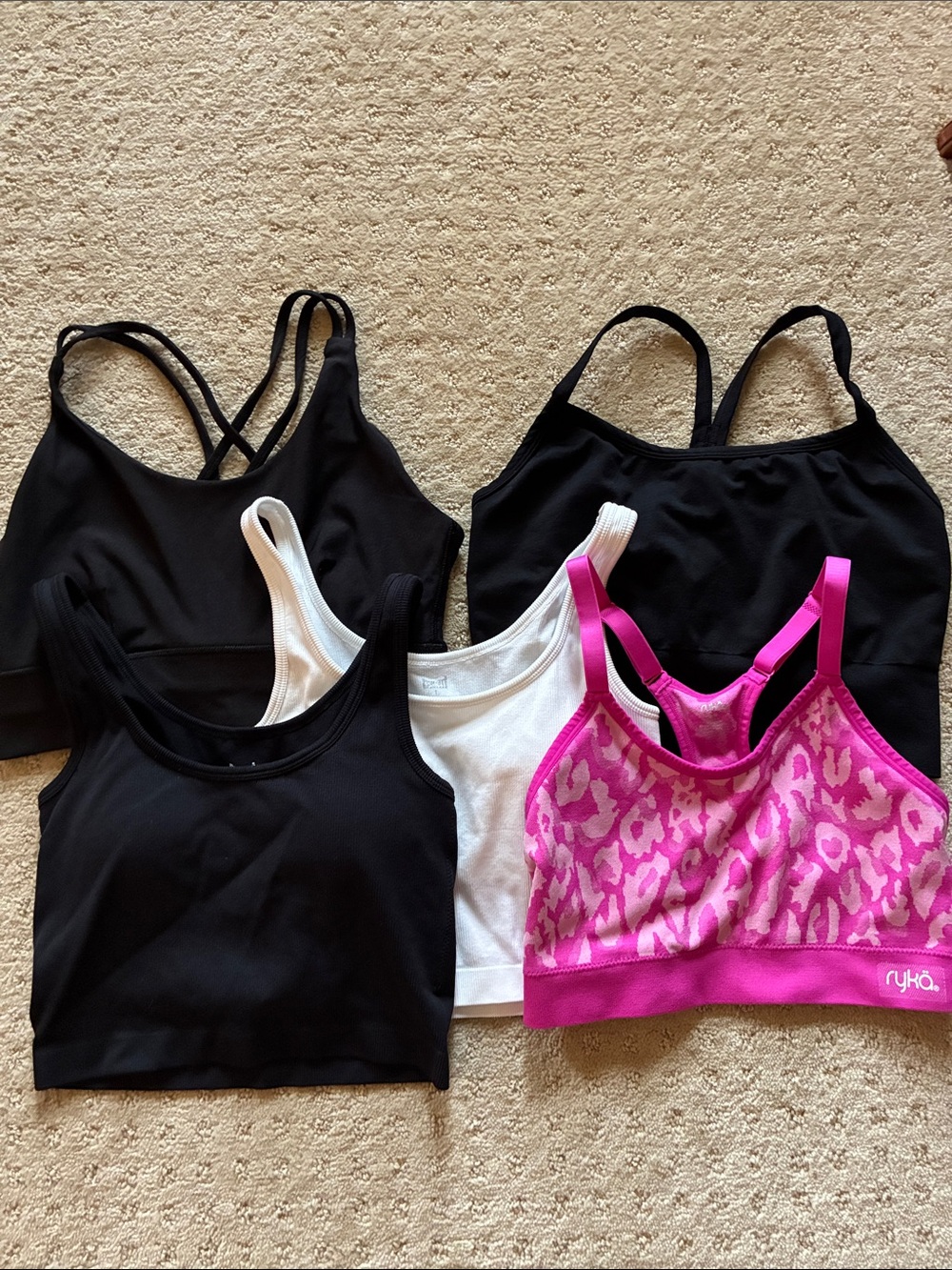 Ryka Pink Leopard & Black and White Sports Bra Tank Set- All 5 pack!
